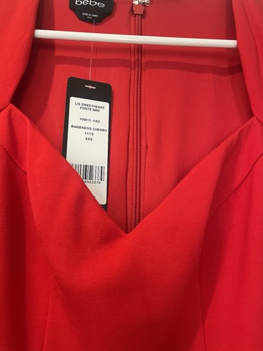 NWT Bebe Size XXS Red Sweetheart Neck Long Sleeve Stretch Bodycon Mini Dress - Picture 5 of 11