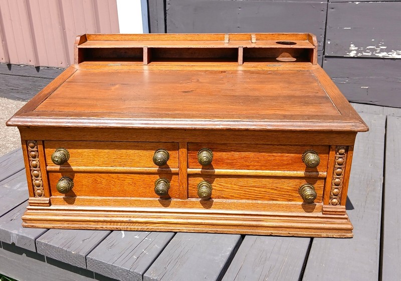Antique Oak 4 Drawer Spool Cabinet Desk with Lift Top Lid 1890s