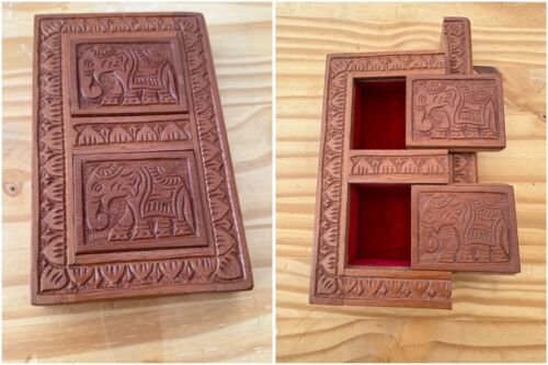 Vintage Sri Lanka Wooden Secret Puzzle Jewellery Treasure Handmade Elephants Box - Zdjęcie 1 z 7