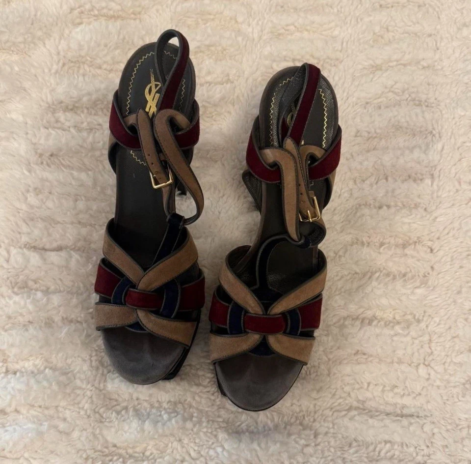 Sandália plataforma YSL Yves Saint Laurent tributo camurça alça em T tamanho 38,5/EUA 8,5 - Imagem 2 de 3