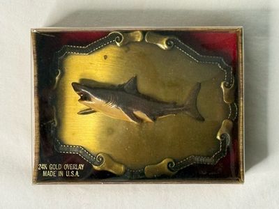 #ad Vintage Raintree Metal Western SHARK Belt Buckle Original BOX $22.99