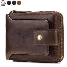 Men Wallet Genuine Leather Large RFID Zip Around Bifold with Coin Pocket Purse