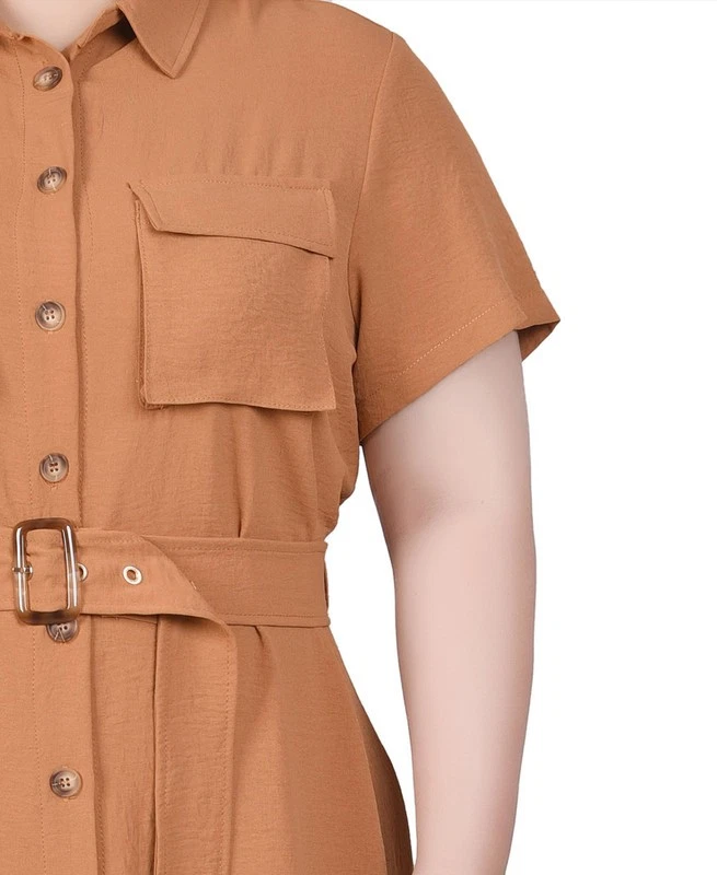 NY Collection Women's Plus Size Short Sleeve Belted Shirt Dress (Meerkat, 2X) - Image 4 of 4