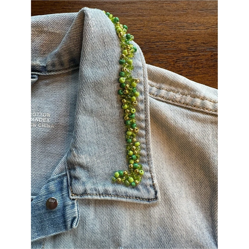 1969 Light Wash Denim Vest with Green Beaded Collar- size Large - Image 2 of 4