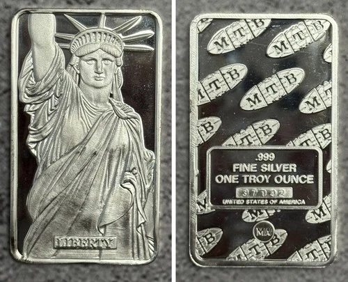 RARE STATUE LADY LIBERTY MTB MA, 1oz .999 VINTAGE SILVER ART BAR