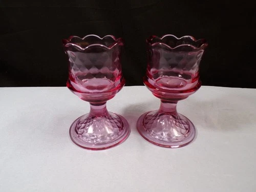 Pair Set of 2 Fenton Pink Glass Footed Votive Candle Holders w/ Diamond Design