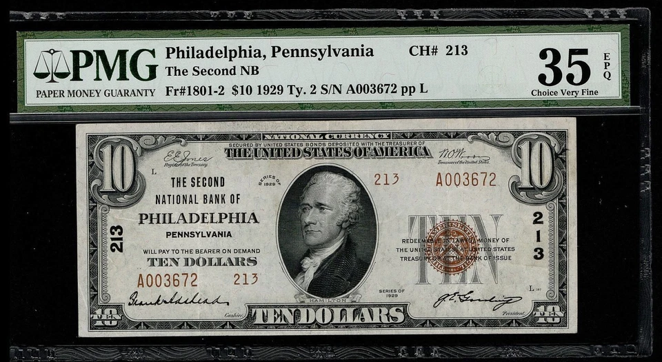 1929 $10 The Second NB of Philadelphia Pennsylvania Ty. 2 CH# 213 PMG 35 EPQ - Image 3 of 3