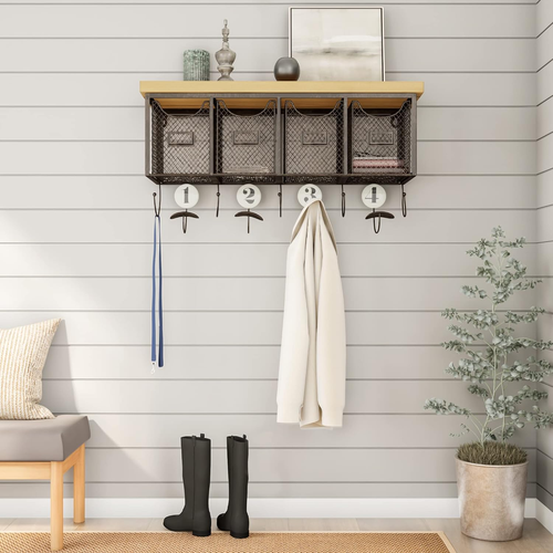4-Basket Wall Organizer, 23.5" L X 7.25" W X 12.4" H, Brown, Black - Picture 4 of 12