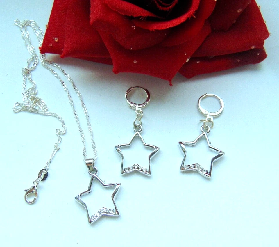 925 Silber Schmuck Set Glitzer Stern AAA Zirkon Kette Anhänger Creolen Neu - Bild 4 von 4