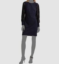 $155 Ralph Lauren Women's Blue Sheer Lace Blouson Round-Neck Shift Dress Size 14