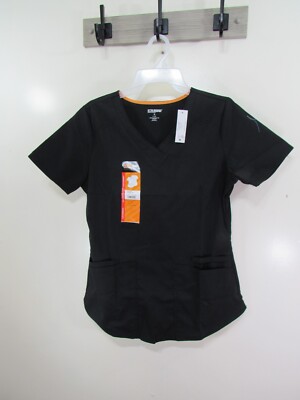 New Woman Scrub Star Scrub Top Size S Black V Neck Short Sleeve Pockets