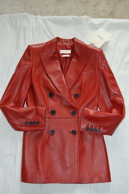 Alexander McQueen Red Leather Double Breasted Jacket Coat Womens