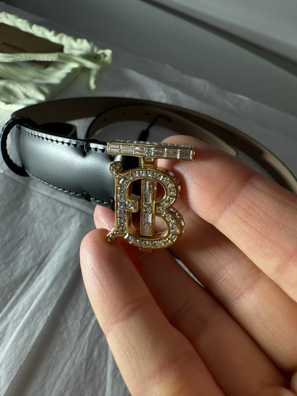 Burberry — Burberry Crystal Embellished TB Monogram Leather Belt Size M RRP £490 NEW TAGS