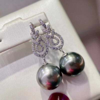 stunning 11-12mm tahitian round black green pearl dangle earring 925s