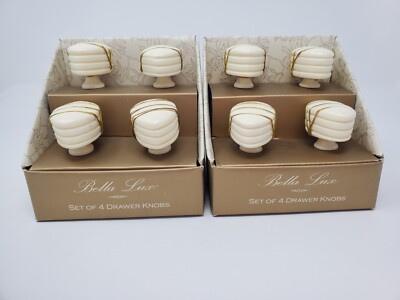 Bella Lux Drawer Door Knob Pulls Set Of 8 New In Box MCM style Cream Gold Color 