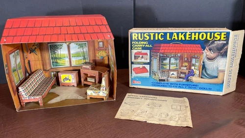 Rare Empire Toys Rustic Lakehouse Cardboard Doll House w/ Furniture & Box