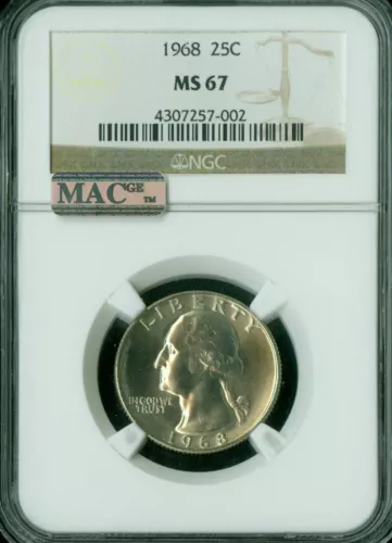 1968 QUARTER NGC MS67 PQ 2ND FINEST MAC SPOTLESS *