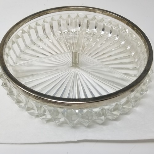 Art Deco Divided Snack Dish Glass Sunburst Silver Trim Nuts Chips Large