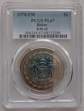 BELIZE UNC 1$ PROOFLIKE Cu-Ni COIN 1978 YEAR KM#43 SCARLET MACAW BIRD PCGS PL67