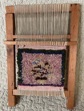 Vintage Small Wood Loom Rug Carpet Weaving 14" x 10" Works Primative