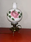 Vintage Brass Parlor Hurricane Table Lamp(Hand Painted) Milk Glass Shade Chimney