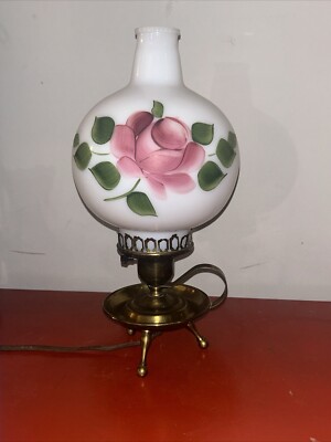 Vintage Brass Parlor Hurricane Table Lamp(Hand Painted) Milk Glass Shade Chimney