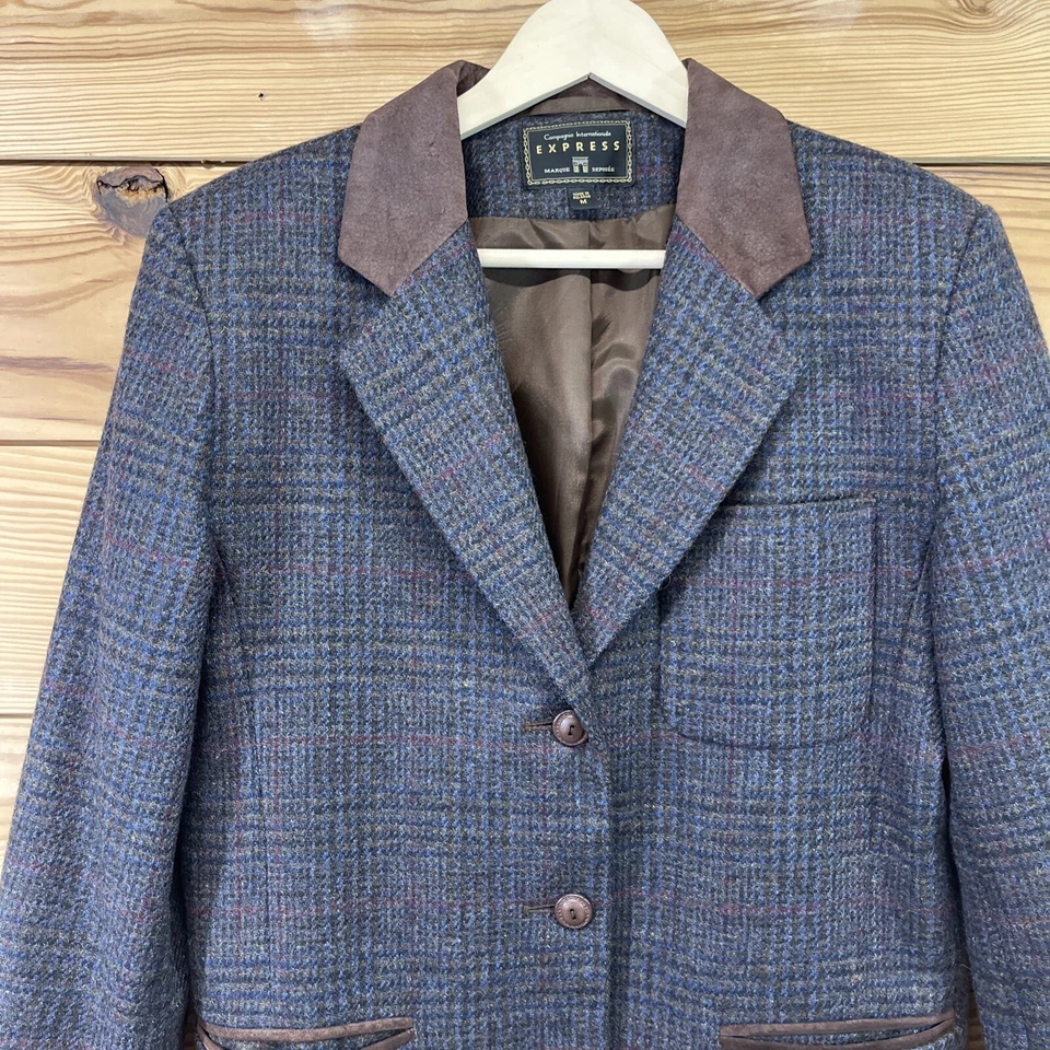 Blazer Express para mujer mediano a cuadros tweed lana gamuza cuero ribete forrado completo B141 Foto 2 de 4