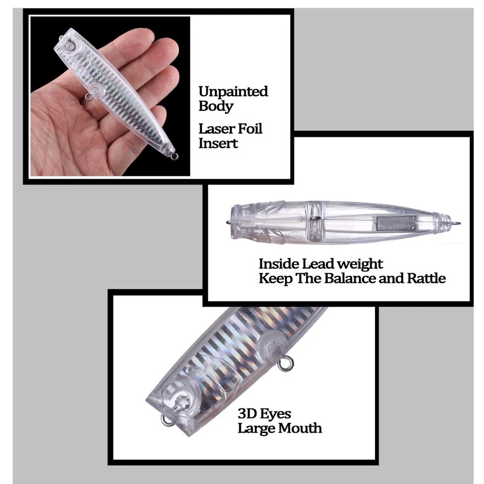 10PCS 11cm 20g Rattle Holographic Popper Unpainted Bait Blank Fishing Lure model - Image 4 of 4