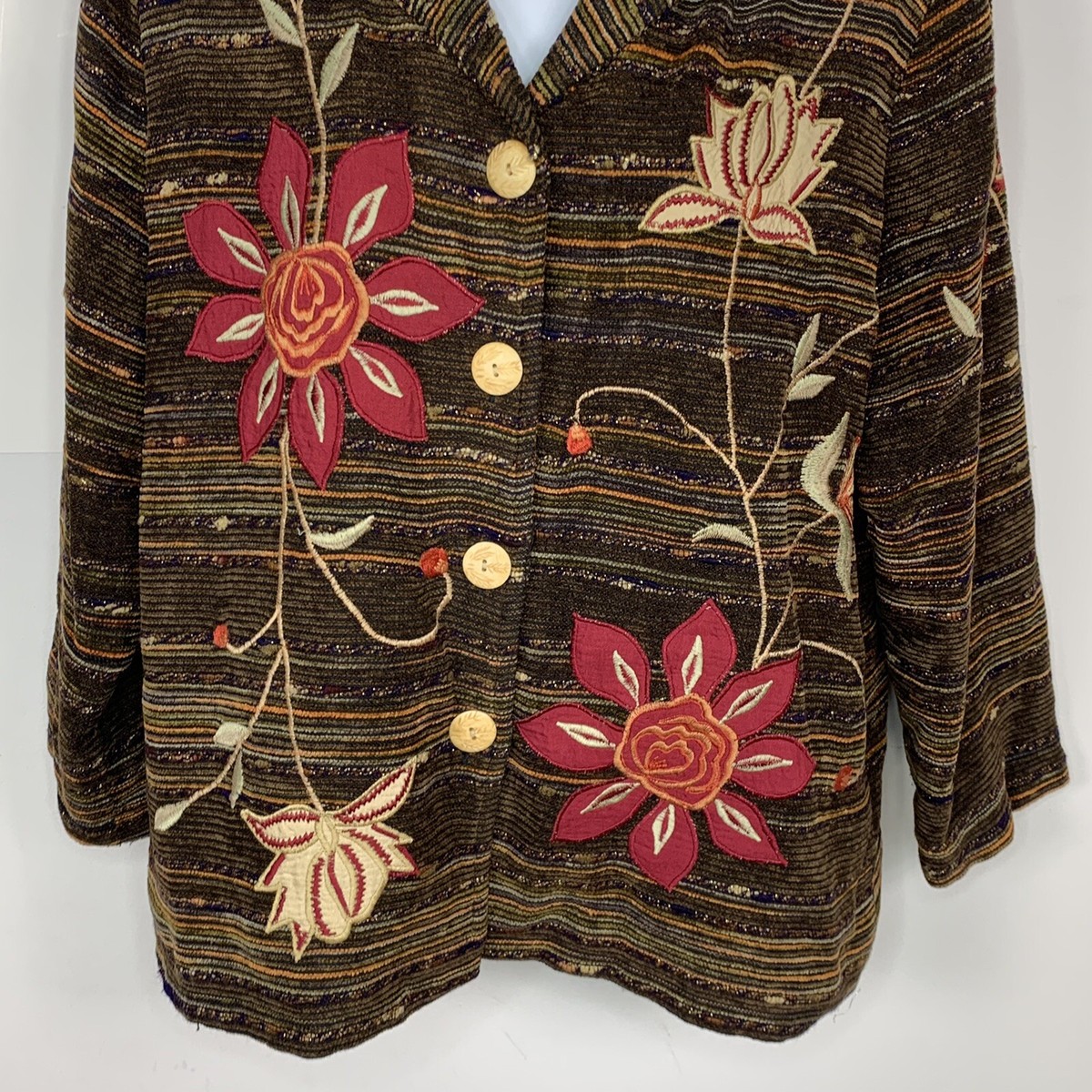 moonページ♡ Indigo Moon Womens Blazer sz M Brown Red Floral Button Front Noth