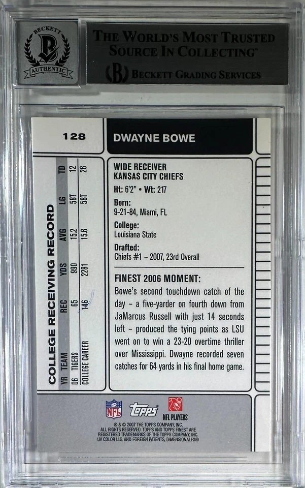Tarjeta Dwayne Bowe Auto Topps 2007 #128 Kansas City Chiefs BAS encapsulada GM 10 Foto 2 de 3