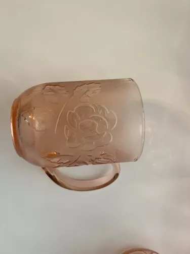 Set Of 8 Vintage Arcoroc French Pink Frosted Glass Rosaline  8 oz Mugs 4” Tall
