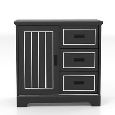 Kitchen Pantry Storage Cabinet with Sliding Doors & 3 Drawers-Black