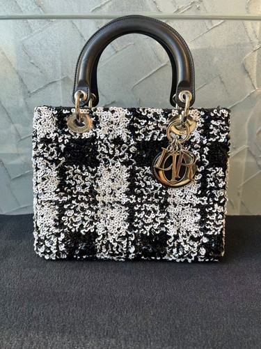 Dior Lady Dior Black White Sequin Purse Shoulder Strap Handbag AUTH euc