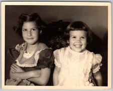Vtg B&W Snapshot Two Young Girls Sisters Portrait Gingham Lace Dresses Late