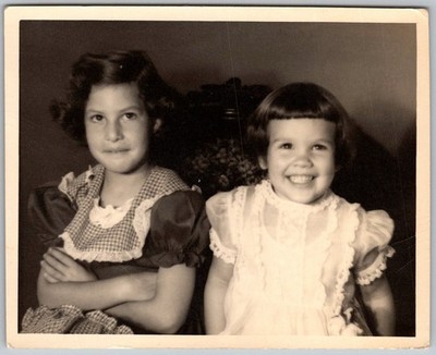 Vtg B&W Snapshot Two Young Girls Sisters Portrait Gingham Lace Dresses Late