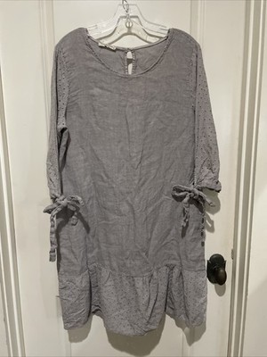 Francesca Bettini Grey Linen Made in Italy Eyelet Ruffle Shift Dress Size XL
