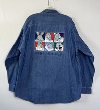 Vintage 90s Warner Bros Looney Tunes Bugs Bunny Denim Button Up Shirt Mens XL