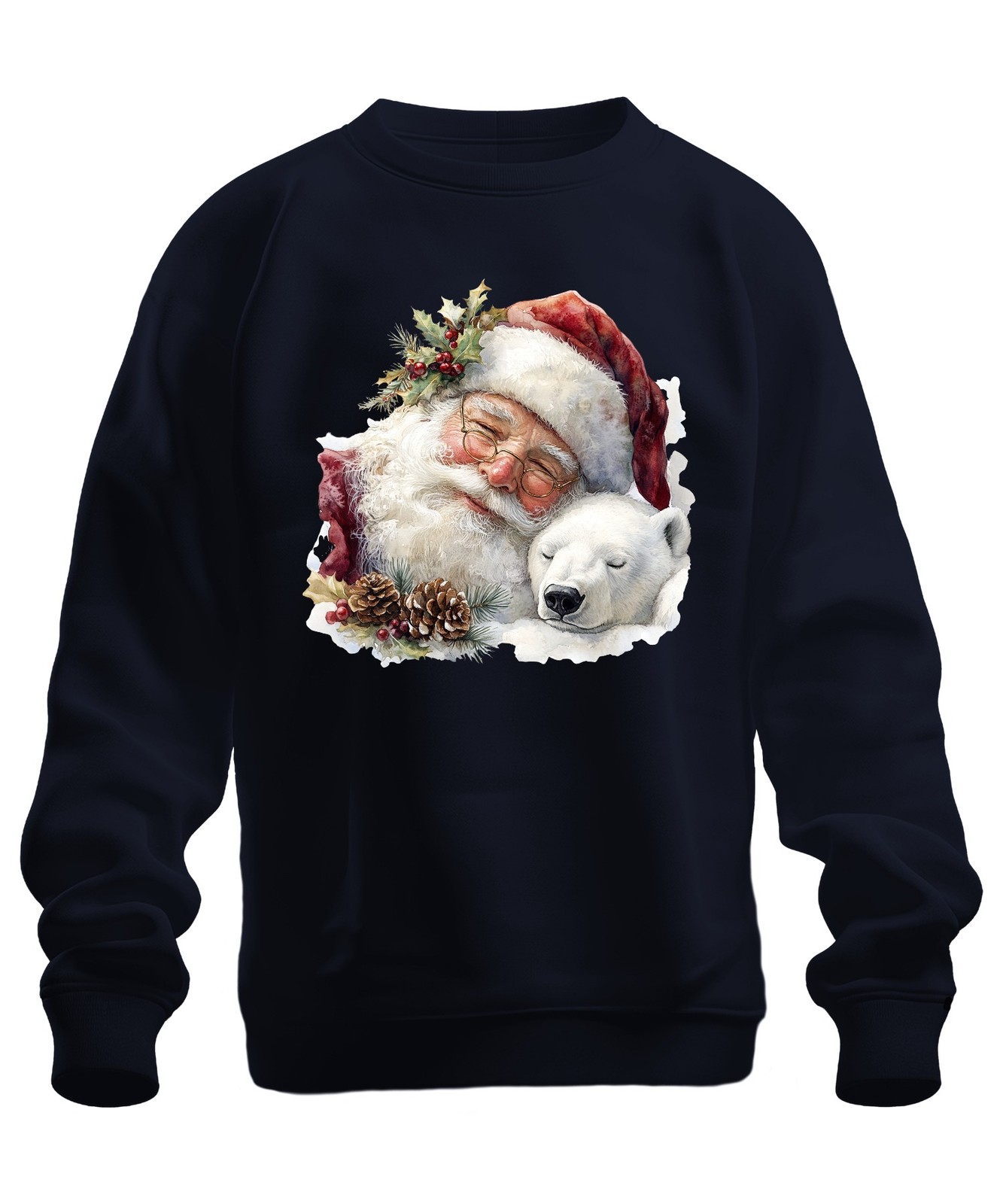 Santa Polar Bear Pine Cones Christmas Watercolour Vintage Unisex Sweatshir