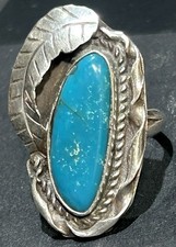 Vntg Southwestern Sterling Silver Leaf Motif Ring With Large Turquoise Size 7.5