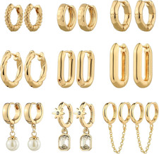 9 Pairs Gold Chunky Hoop Earrings Set for Women, 14K Gold Plated Twisted Huggie