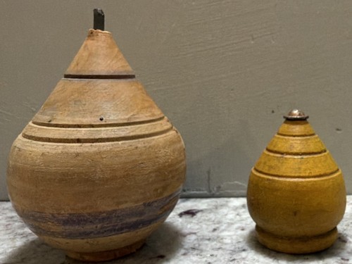 Vintage Wooden Spinning Tops Set of 2 Natural Yellow Metal Tips 3-4 Inch