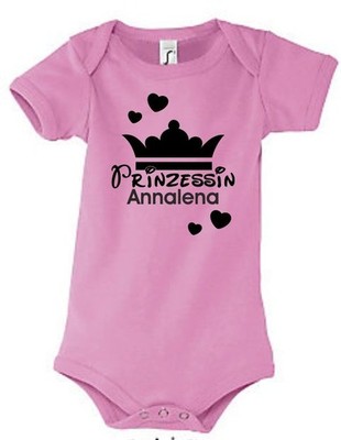 Baby Body Strampler Geburt Geschenk Textil Druck Herz Krone Prinzessin + Name 29