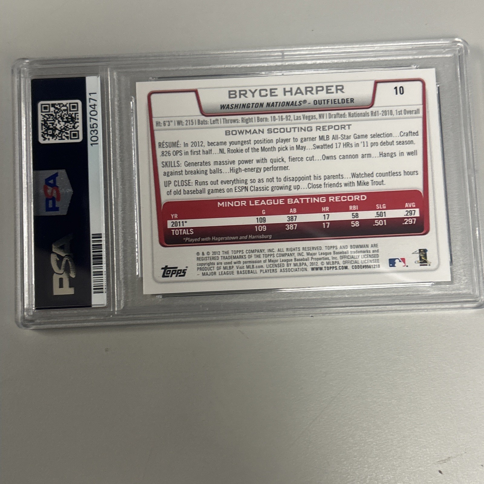 2012 Bowman Draft Baseball Bryce Harper ROOKIE #10 PSA 9 PHILLIES GEM  view 4