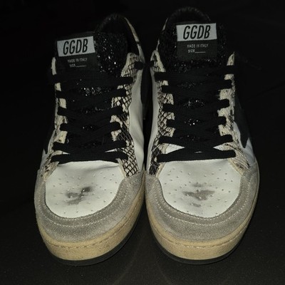 GGDB Men's Snake Skin Glitter Leather Sneakers White Black Gray EU 43