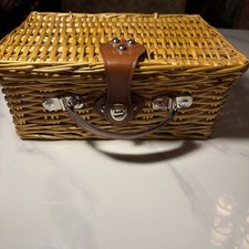 Vtg Woven Wicker Basket Box Purse Brass Accents Retro Mod 50s 60s 70s Style