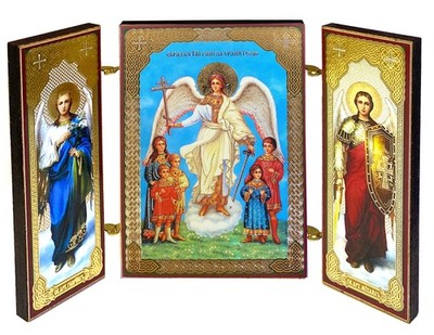 Guardian Angel With Children Icon Angel Holding Three Bar Cross, With Archang...