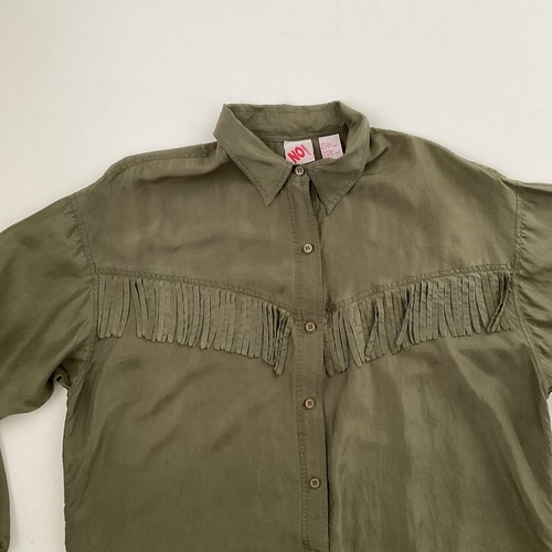 Vintage No Boundaries Blouse Sz L Green Cowgirl Western Fringe Rodeo Silk - Picture 8 of 8
