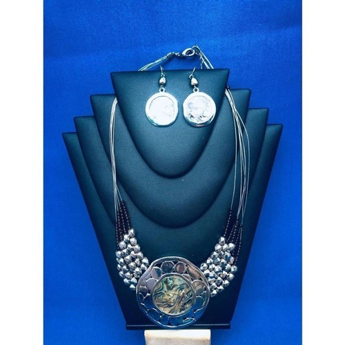 Abalone pendant and earrings silver tone set 