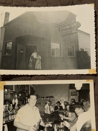 Pioneer Bar, 2 Vintage Photos Neon Sign Bartender, Happy Hour Cocktail Patrons