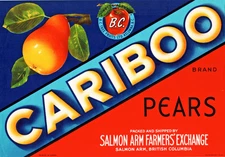 CARIBOO Brand Pears Canadian Original Fruit Crate Label - Salmon Arm, B.C.